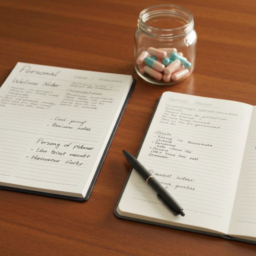 Planer mit Überprüfungsnotizen und Glas mit Supplements